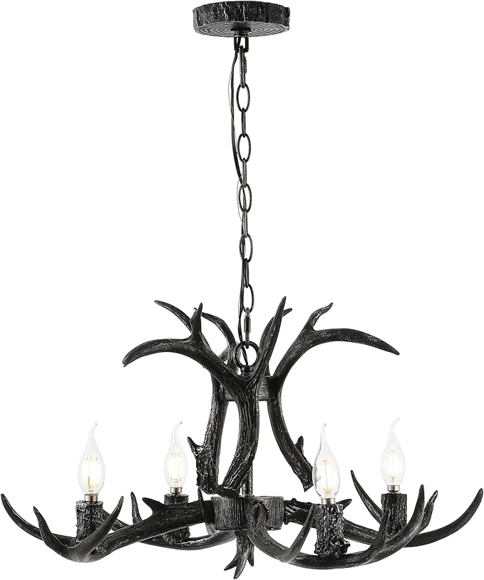 JONATHAN Y 26" Black Rustic Resin Antler 4-Light LED Chandelier, Farmhouse Faux Deer Horn Hanging Ceiling Light for Dining Room, Kitchen Island, Adjustable Light Fixture (JYL6301D)