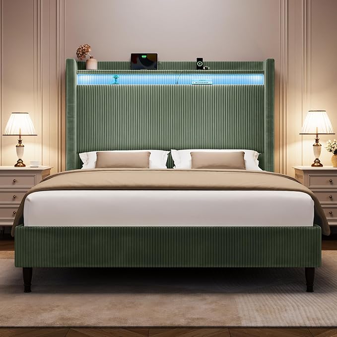 Queen Size Bed Frame with Tall Headboard, 55.3" Upholstered Platform Queen Bedframe with Wingback Storage Headboard, Charging Station & LED Lights, No Box Spring Needed, Wooden Slats, Corduroy, Green
