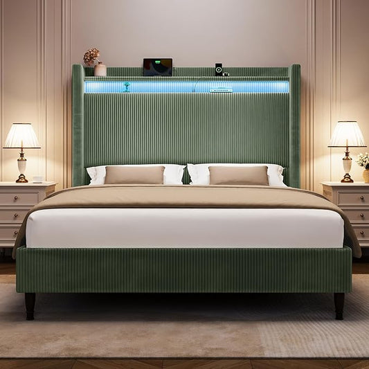 Queen Size Bed Frame with Tall Headboard, 55.3" Upholstered Platform Queen Bedframe with Wingback Storage Headboard, Charging Station & LED Lights, No Box Spring Needed, Wooden Slats, Corduroy, Green