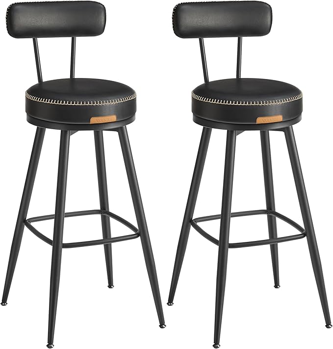 VASAGLE EKHO Collection - Bar Stools Set of 2, Swivel Bar Height Bar Stools with Back, Synthetic Leather with Stitching, Mid-Century Modern, 30-Inch Tall Barstools for Kitchen Home Bar, Ink Black
