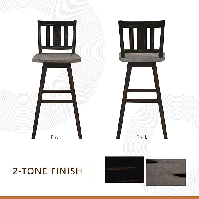 Lexicon Bar Height Bar Stools Set of 2-Solid Wood Frame 360° Swivel Wooden Stools, Foot Rest, Slat Back, Wide Seat, Distressed Farmhouse Easy to Clean Finish, 28.5" SH, Antique Black/Grey