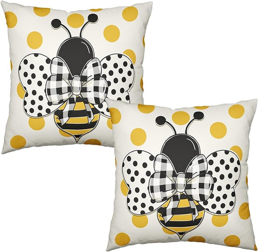 Summer Bumblebee Throw Pillow Covers 18x18 Set of 2 Polka Dot Bee Decorative Pillow Cases Yellow Honeybee Outdoor Farmhouse Cushion Cover for Home Couch Sofa Decor