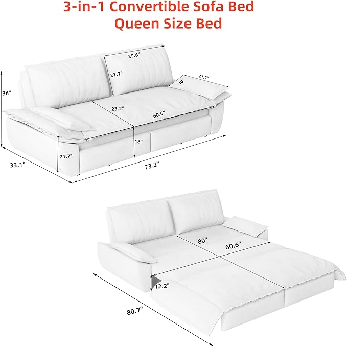 KEIKI 73.2" Queen Sleeper Sofa Bed, 3-in-1 Convertible Pull Out Couch with Chaise Lounge, Modern Velvet Futon Loveseat, Compact Sofa Bed for Small Apartment Studio Living Room Space Saving Furniture