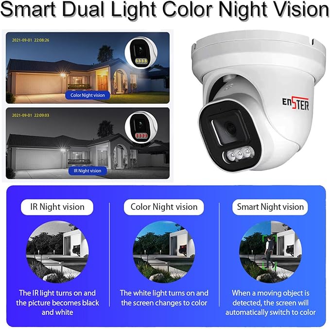 ENSTER 4K 8MP PoE Security Camera Outdoor Wired, 100ft Smart Color Night Vision, AI Human & Vehicle Detection, IP66 Waterproof, 110° Wide Angle, Built-in Mic, ONVIF/RSTP Compatible