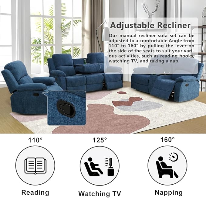 Living Room Sofa Set Recliner Sofa Set Microfiber Fabric Sofa and Loveseat Manual Recliner with Cup Holders/Storage Console for Living Room/Rv Car (Blue,Sofa+Loveseat)