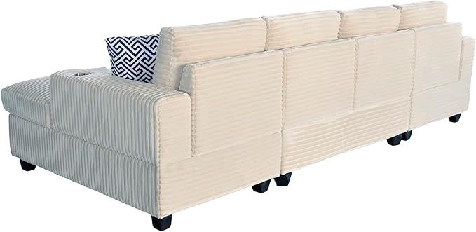 Ball & Cast 124" U-Shaped Sectional Sofa Couches for Living Room with Double Chaise,Cup Holders & Pillows,4 Seat Striped Corduroy Upholstered Modern Modular Sectional Sofa Set,for Home,Office,Beige