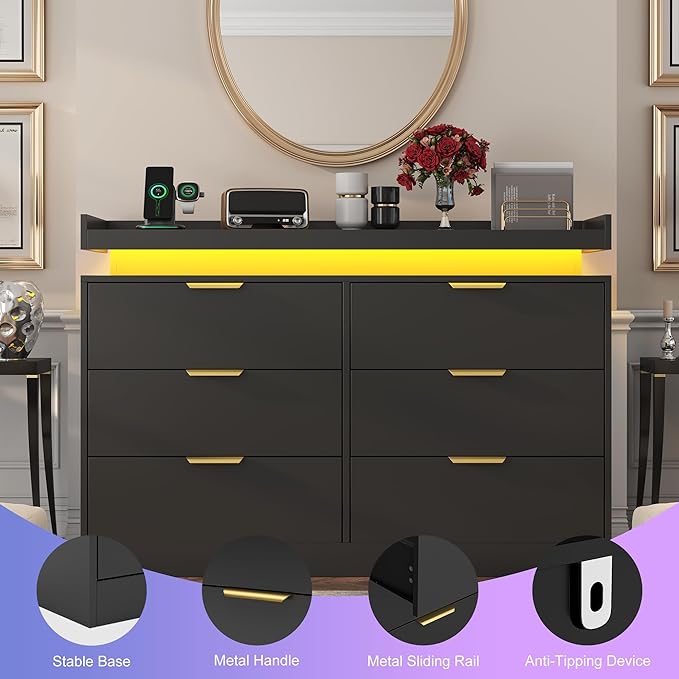 6 Drawer Dresser for Bedroom, Black Dresser with LED Lights and Power Outlet, Wooden Dressers Chests of Drawers, Double Wide Dressers for Bedroom, Entryway, Hallway