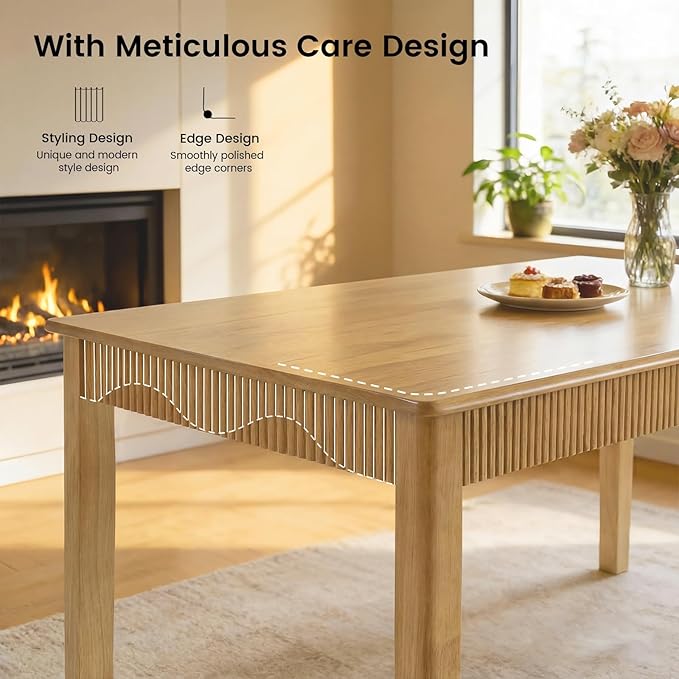 31.5" Solid Wood Dining Room Table for 2,Modern Farmhouse Rectangular Kitchen Real Wooden Table,Mid Century Fluted Design Furniture Desk for Home,Small Space,Apartment,Living Room Nature