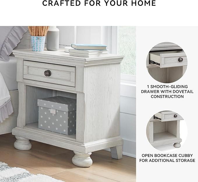Signature Design by Ashley Robbinsdale Coastal 1-Drawer Nightstand with Cubby Storage, 26.75" Tall, White