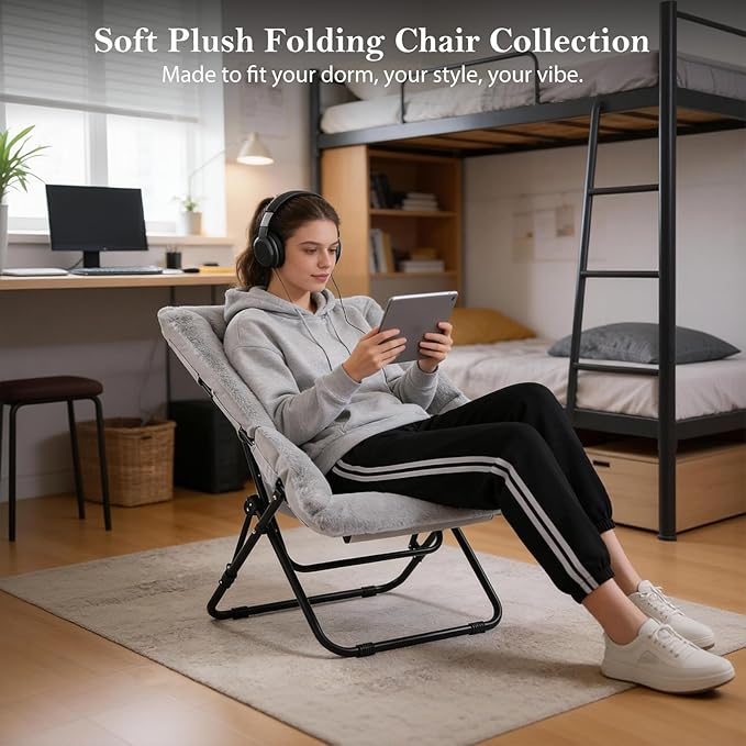Comfy Dorm Chair - Oversized Folding Saucer Chair with Soft Faux Fur, Metal Frame, for Bedroom, Living Room, Balcony, Patio, Study, Playroom (Grey)