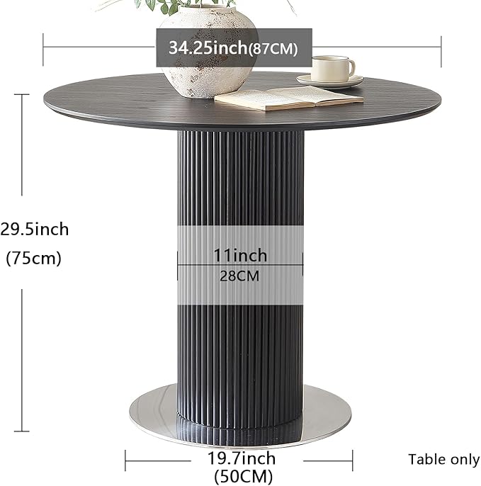 34.25" Round Wood Dining Table,Wooden Trestle Pedestal Base on Stainless Steel Plate,Small Space Kitchen Table,Modern Circular Tabletop for Kitchen, Dining Room,Negotiation Room,Cafe(Black)