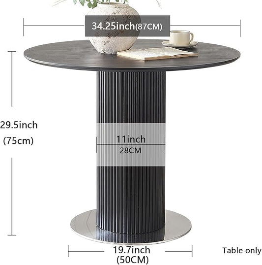 34.25" Round Wood Dining Table,Wooden Trestle Pedestal Base on Stainless Steel Plate,Small Space Kitchen Table,Modern Circular Tabletop for Kitchen, Dining Room,Negotiation Room,Cafe(Black)