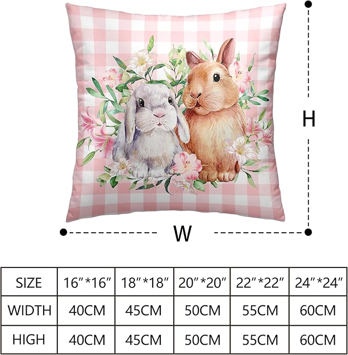 Spring Easter Pillow Covers 22x22 Pack of 2 Lovely Rabbit with Lily Flower Throw Pillow Covers Pink Plaid Bunny Pillow Case for Spring Easter Decoration Sofa Patio Garden
