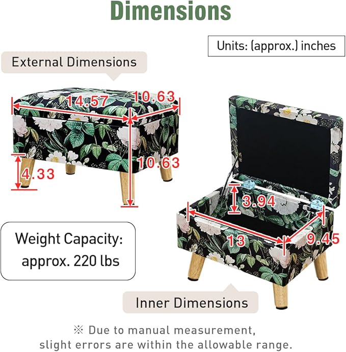 lumizone Small Ottoman with Storage Footstool Compact Foot Rest Stool for Living Room Under-Desk Entryway or Bedroom 10.63" Low-Height Storage Ottoman Cube Lightweight & Stylish (Print-Green)