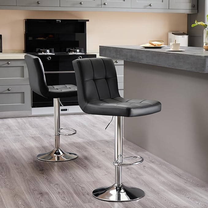 DUMOS Bar Stools Set of 2, Armless Adjustable Swivel Barstools, PU Leather Hydraulic Kitchen Counter Height Bar Stools, Thickened Seat Cushion Square Island Barstools with Back, Black