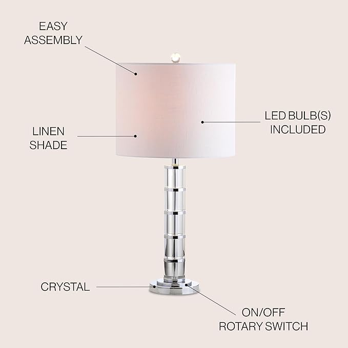 JONATHAN Y 26" Clear Crystal and Chrome LED Table Lamp, Modern Glam Pillar Bedside Lamp with White Linen Drum Shade for Living Room Bedroom, LED Bulb Included JYL2053A