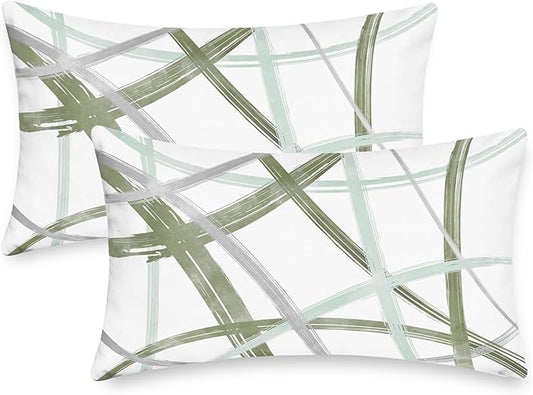 CaliTime Throw Pillow Cases Pack of 2 Cozy Fleece Arc-Shaped Abstract Geometric Lines Decorative Cushion Covers for Couch Bed Sofa Farmhouse Decoration 12 X 20 Inches Sage Green Grey