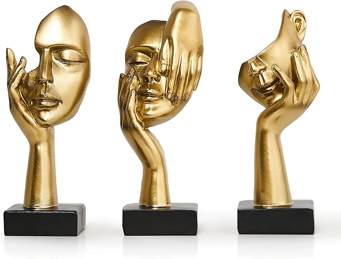 3 Pcs Gold Thinker Statues Sculptures for Home Decor, Golden Statues Table Decor Accents, House Decorations for Living Room Bedroom Office, Bookshelf Decorative Objects