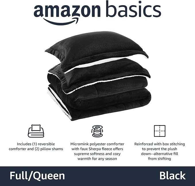 Amazon Basics 3-Piece Micromink Sherpa Bedding Set, Ultra-Soft, Warm All Season Comforter, Full/Queen, Black, Reversible