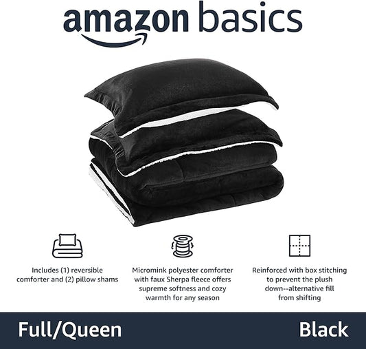 Amazon Basics 3-Piece Micromink Sherpa Bedding Set, Ultra-Soft, Warm All Season Comforter, Full/Queen, Black, Reversible