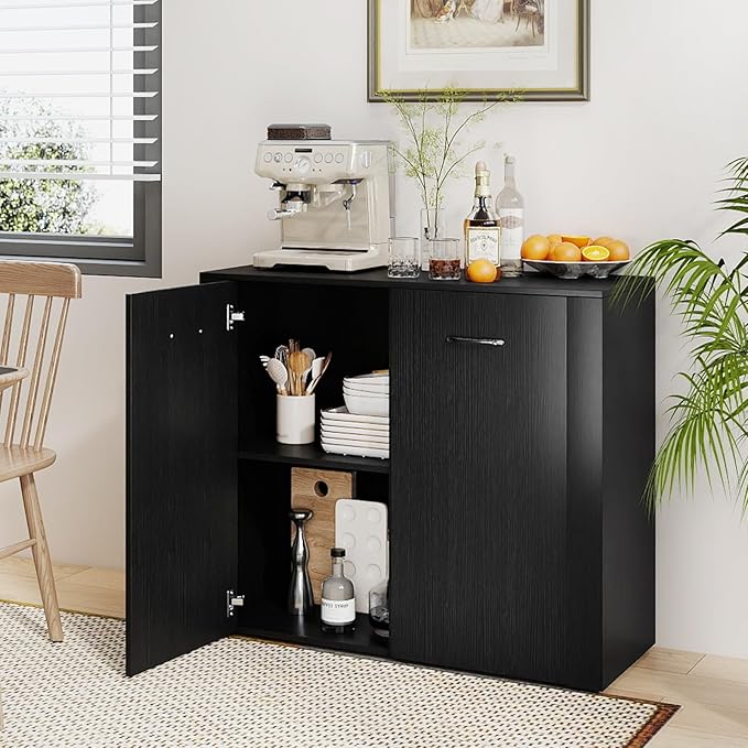 Giantex Modern Storage Cabinet, 38" Credenza with 2 Doors and 4 Cubic Shelves, Anti-Tipping Device, Sturdy Metal Hings, Wooden Sideboard Cabinet for Living Room, Kitchen, Entryway, Black