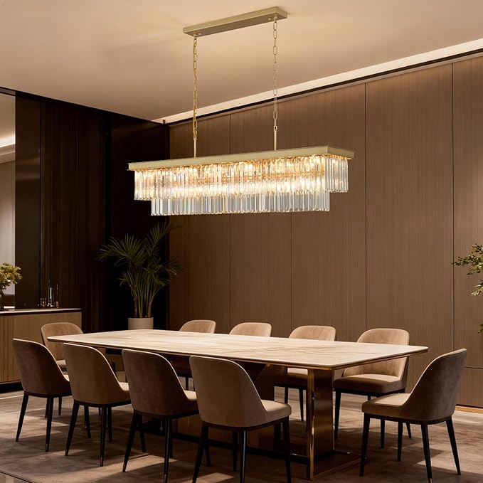 Crystal Chandeliers for Dining Room Light Fixtures Over Table，18-Lights Gold Modern Rectangle Chandeliers for Kitchen Island Bar L46 Inch