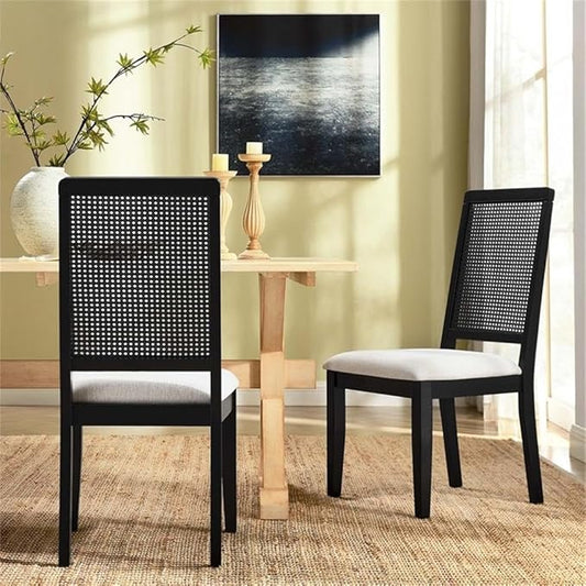 Modway Arlo Wood and Faux Rattan Dining Chairs Set of 2 in Black Black Heathered Weave Ivory - Modern Farmhouse Accent Chairs - Fabric Upholstered Chairs for Dining Room