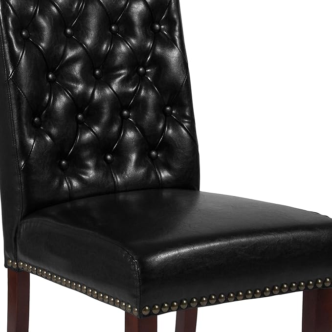 Flash Furniture HERCULES Series Black LeatherSoft Parsons Chair with Rolled Back, Accent Nail Trim and Walnut Finish