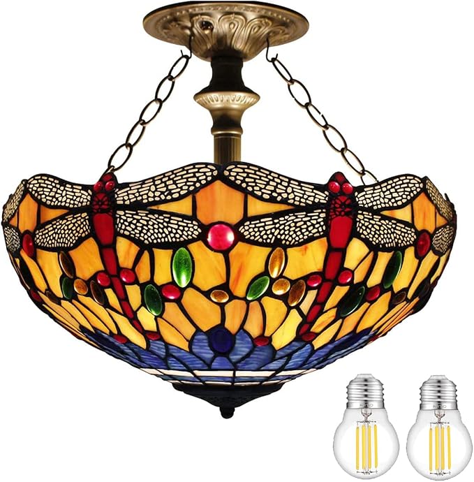 WERFACTORY Tiffany Ceiling Light Fixture Orange Blue Stained Glass Dragonfly Semi Flush Mount Lamp Wide 16 Inch Height 15 Inch Tiffany Ceiling Lamp S168 Series