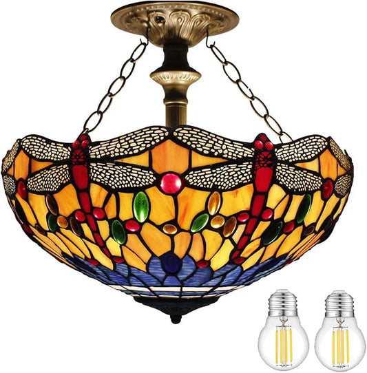 WERFACTORY Tiffany Ceiling Light Fixture Orange Blue Stained Glass Dragonfly Semi Flush Mount Lamp Wide 16 Inch Height 15 Inch Tiffany Ceiling Lamp S168 Series