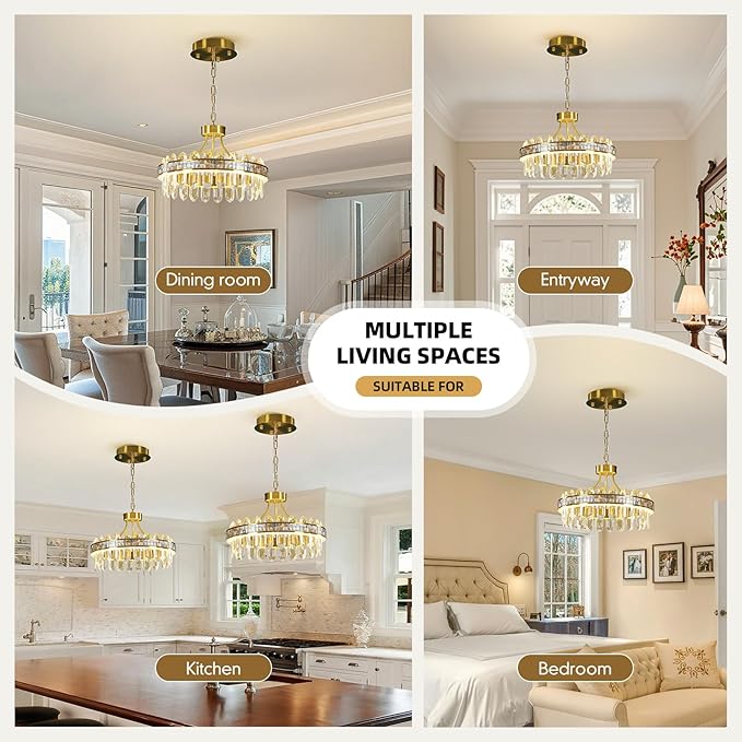 Gold Modern Round LED Crystal Chandelier - 17.7" Luxury 3 Colors Stepless Dimmable Chandeliers for Dining Room,Adjustable Height Ceiling Light Fixture for Kitchen Island Bathroom With Remote Control