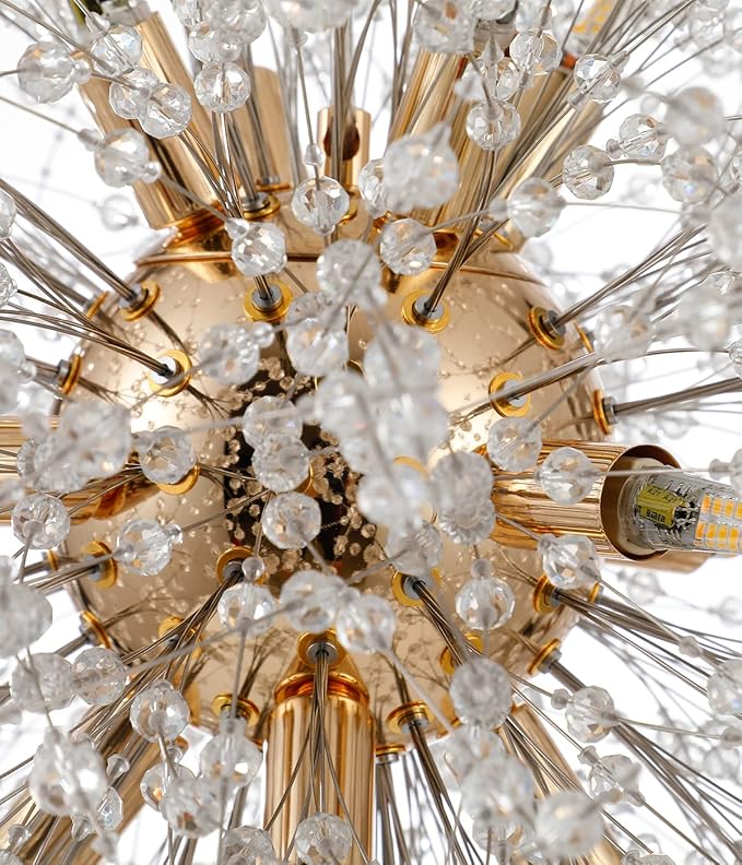 Firework Chandelier Gold, 12-Light Modern Crystal Chandelier Dandelion, 21.6" Stainless Steel Sputnik Pendant Hanging Light for Dining Room Bedroom
