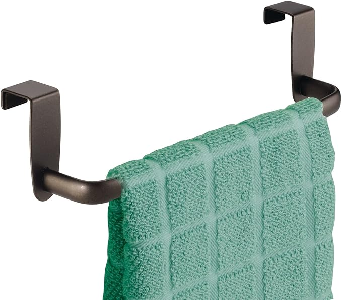 mDesign Steel Metal Wire Over Cabinet Towel Rack Storage Organizer - Hang on Cabinet or Door - Towel Bar Holder for Kitchen - Holds Hand Towels, Washcloths - Spira Collection, 2 Pack, Bronze