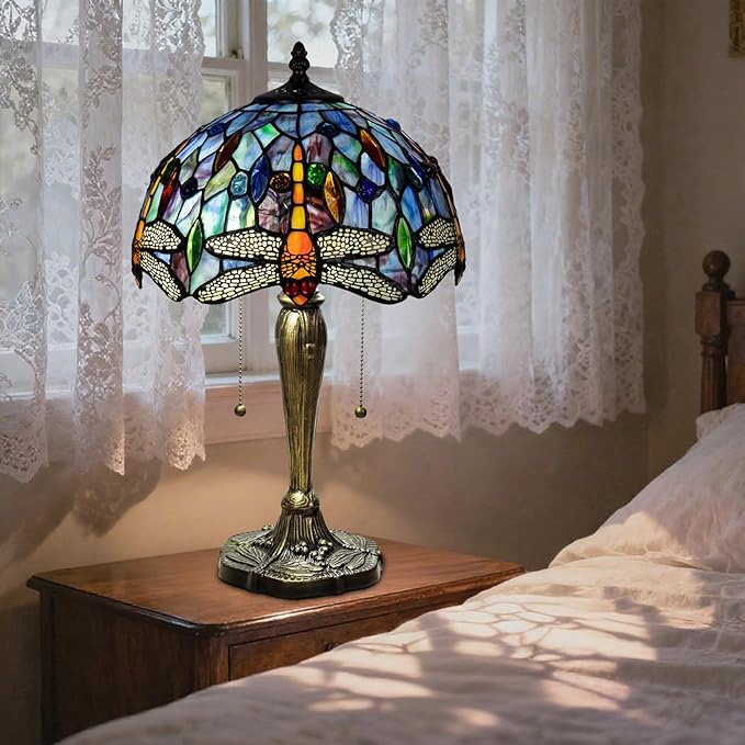 Tiffany Table Lamp, 12 Inch Dragonfly Stained Glass Lamp,Tiffany Style Lamp for Bedroom Living Room Home, Handcrafted Light, Included Bulb