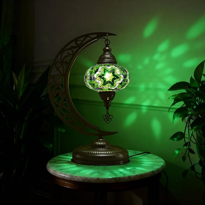 Mozaist Turkish Mosaic Moon Shape Table Lamp, Moroccan Crescent Vintage Handmade Desk Light, Country Living Room, Kitchen Island Decorative Lighting, Authentic Bohemian Bedside Dim Nightstand (Green)
