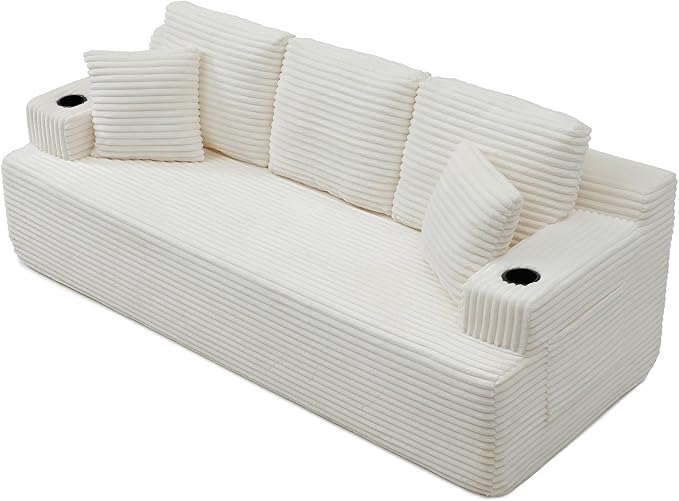 Eafurn Floor Loveseat Boneless Sofa Couch in a Box with Cup Holder and Side Pockets, 3 Seater Comfy Corduroy Upholstered Foam Couch with Deep Seating for Living Room,No Assembly | Breathable material, Cupholders