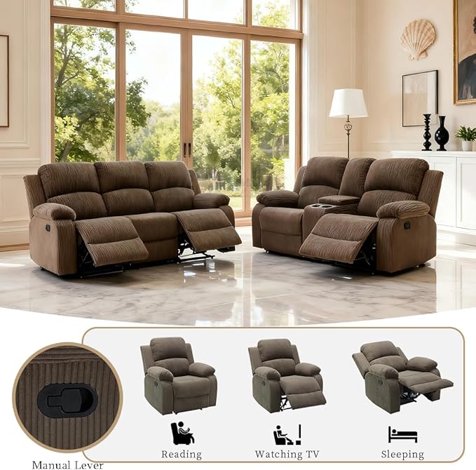 Reclining Sectional Sofa Set with Cup Holders, 2PCS Living Room Furniture Sets, Corduroy Recliner Sectional Sofa Set with Drop-Down Table, Storage Console, Reclining Couches for Living Room