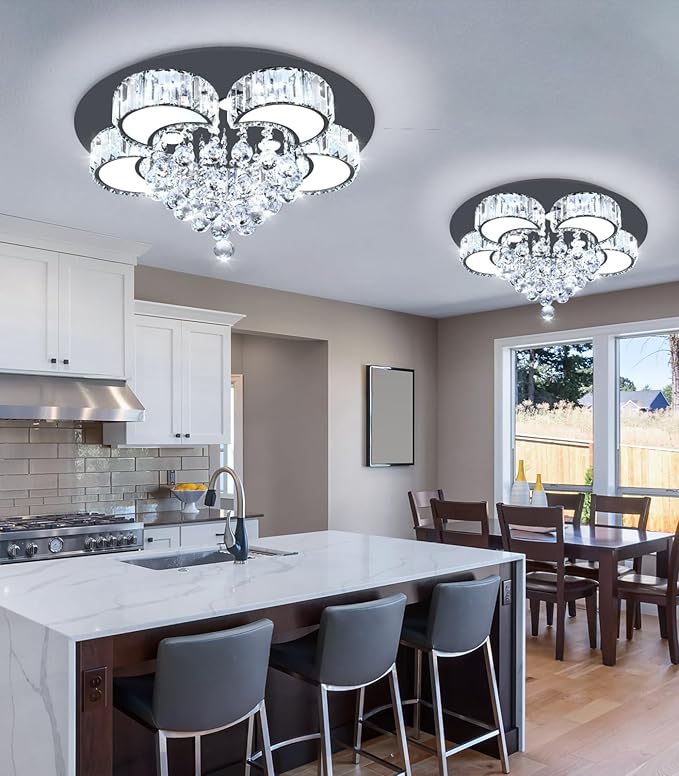 23.6'' Black Modern Crystal Chandeliers for Dining Room LED Dimmable Light Fixtures Flush Mount Light Living Room Bedrooms