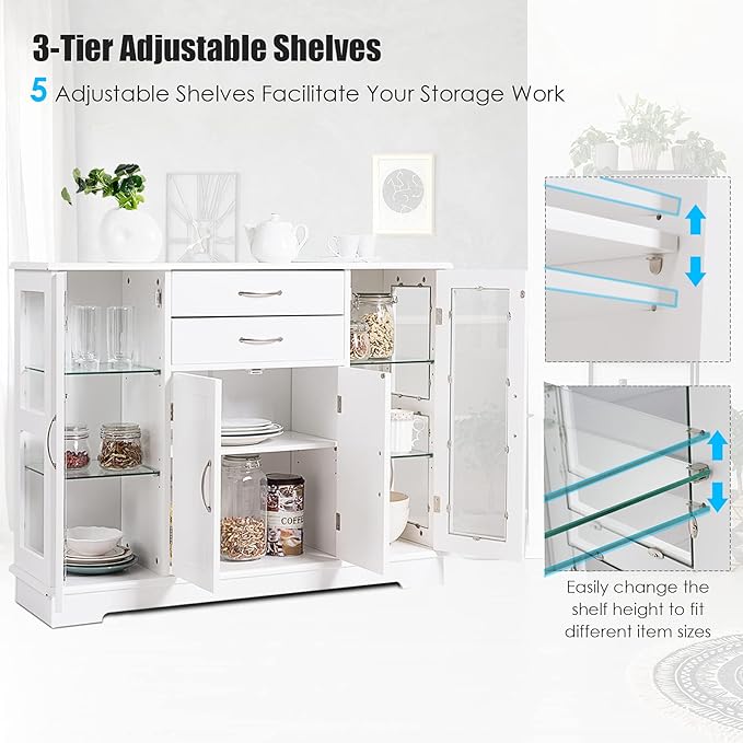 DORTALA Buffet Sideboard, Kitchen Server Cabinet w/ 2 Drawers, Glass Display Cabinet w/Adjustable Glass Shelves, Multifunctional Sideboard Console Table for Kitchen, Living Room, Dining Room, White