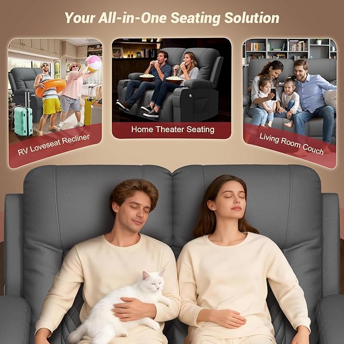 FURNIMAT 2026 Fabric Loveseat Recliner Sofa, 2 Seater Reclining Loveseat Sofa, RV Loveseat Couch, Modern Recliner Chair for Living Room, with Cup Holder and 2 Cell Phone Holders, USB Ports, Gray