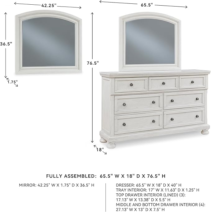 Signature Design by Ashley Robbinsdale Casual Smooth-Gliding 7-Drawer Dresser and Mirror with Safety Stop, Felt-Lined Top Drawers and Pull-Out Tray, White