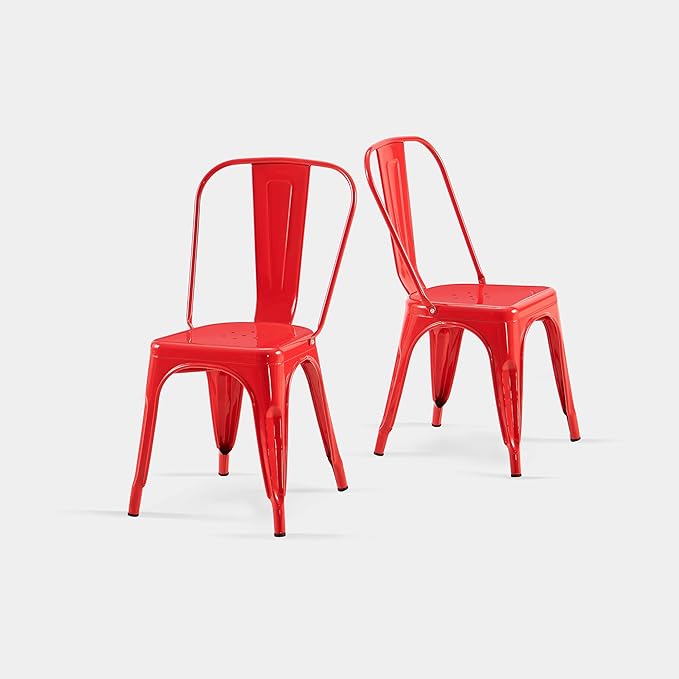 AC Pacific 18 Inch Seat Height Industrial Metal Dining Chairs, Stackable Kitchen or Bar Seat, Durable Modern Design, Versatile Accent Furniture, Set of 2, Red