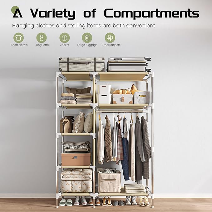 Portable Wardrobe, Simple Wardrobe, with 5 Shelves, Hanging Rod and Non-Woven Fabric Cover, Suitable for Small Spaces.(Pink, 41.3 in)