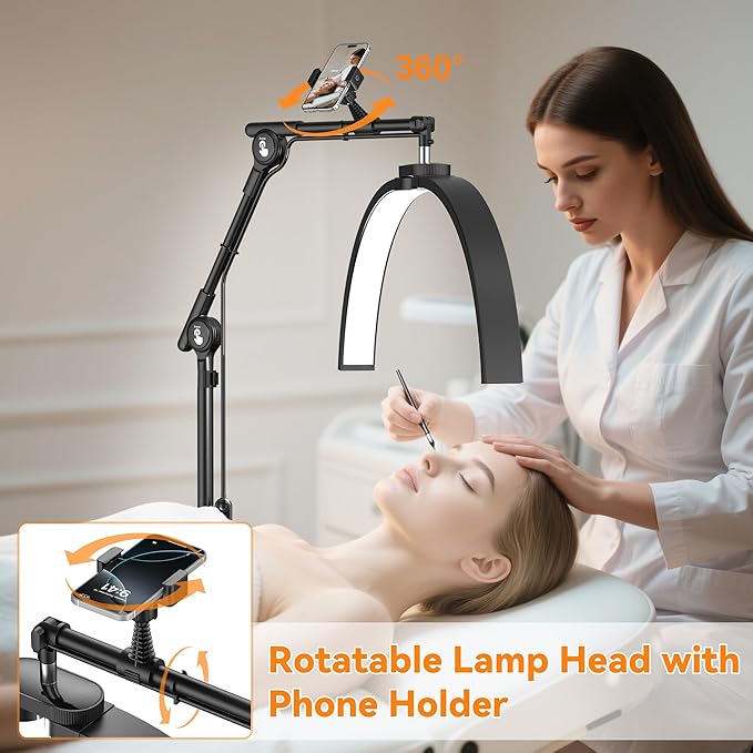 CHICLUX Half Moon Light for Eyelash Extensions, Dimmable LED Lash Light with Phone Holder, Esthetician Lamp with Adjustable Brightness & Height, Wheeled Base, Foldable Lamp Head, Black
