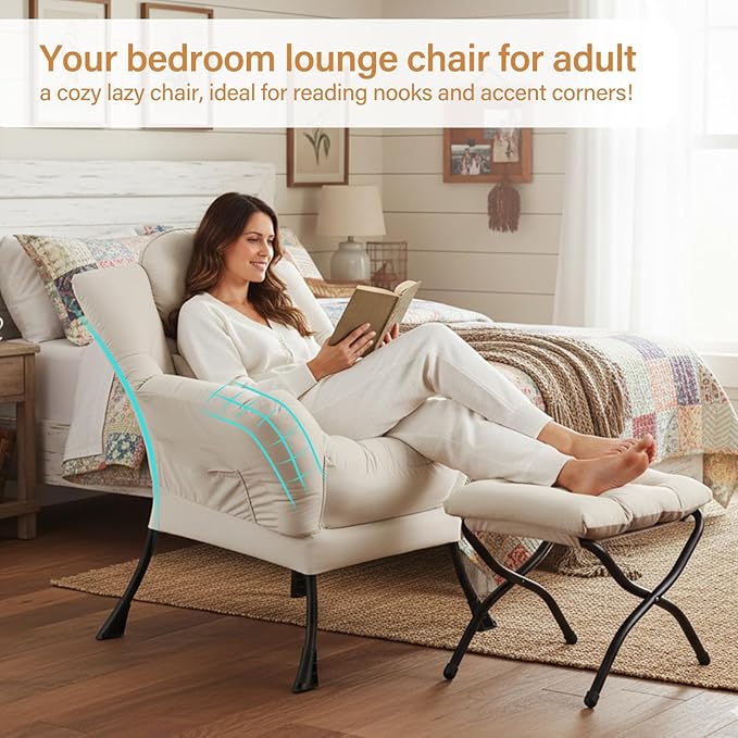 Lazy Chair with Ottoman, Modern Accent Chair with Lumbar Pillow, Velvet Beige Sofa, Armchairs with Folding Footrest, Oversized Supportive Chairs for Bedroom, Reading