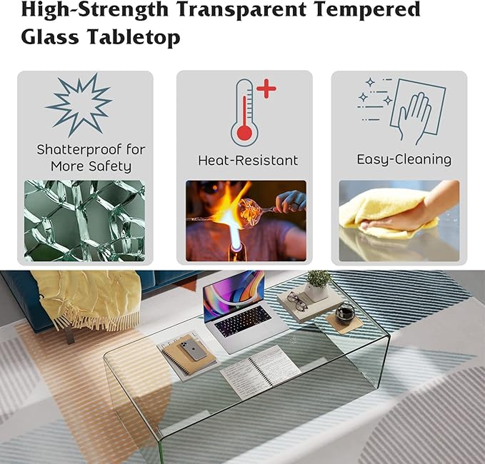 ReunionG Glass Coffee Table, Modern Clear Coffee Table with Rounded Edges, Transparent Tempered Glass Coffee Table, U-Shaped Side Table for Living Room Office, 42.5" x 20" x 14" (L x W x H)