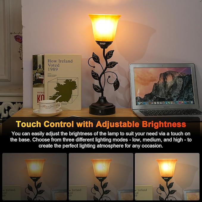 Touch Control Table Lamp Vintage Leaf Vine Lamp Decorative Bedside Lamp Dimmable Desk Lamp with USB A and Type-C Charging Ports Amber Glass Lampshade Warm White Light LED Bulb Included