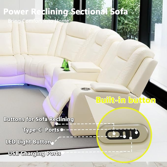 Power Recliner Sectional Sofa Set with LED Lights, Living Room Furniture Sets, L Shaped Reclining Sectional Couch and 3 Seats Sofa,Leather Couch with Coffee Table/Storage for Living Room