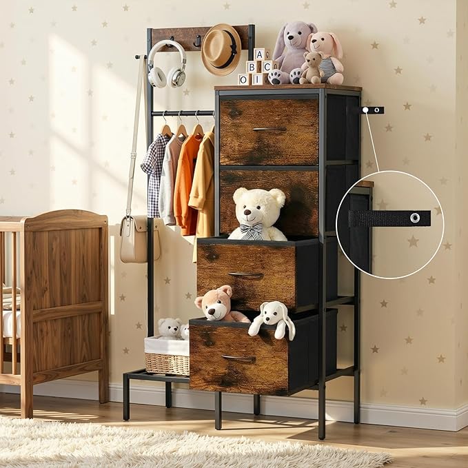 Lewondr Dresser with Hanging Rack and Storage Drawers, 4 Drawer Chest with Hooks and Hat Rack, Rustic Entryway Organizer for Clothes, Bags, Shoes and Accessories, Brown Wood Finish