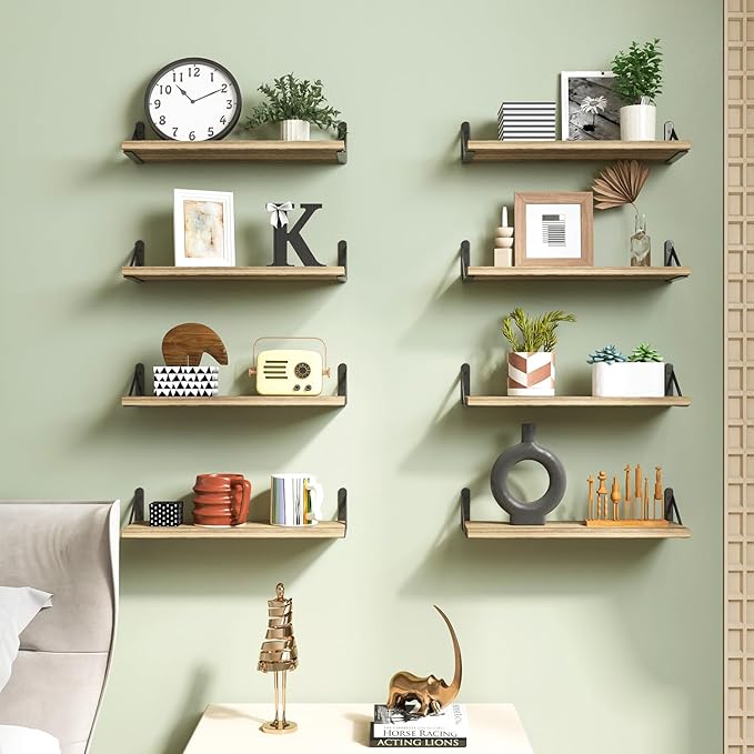 Fixwal Floating Shelves Width 4.7in Rustic Wood Wall Shelves Set of 8, Wall Shelves for Bedroom, Living Room, Kitchen, Bathroom, Office Decor and Plants Display (Carbonized Black)